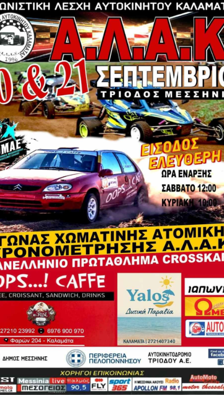 Αγώνα του Πανελληνίου Crosscar διοργανώνει η ΑΛΑΚ και Ατομική Χρονομέτρηση με 29 συμμετοχές 13 Αγώνα του Πανελληνίου Crosscar διοργανώνει η ΑΛΑΚ και Ατομική Χρονομέτρηση με 29 συμμετοχές 7